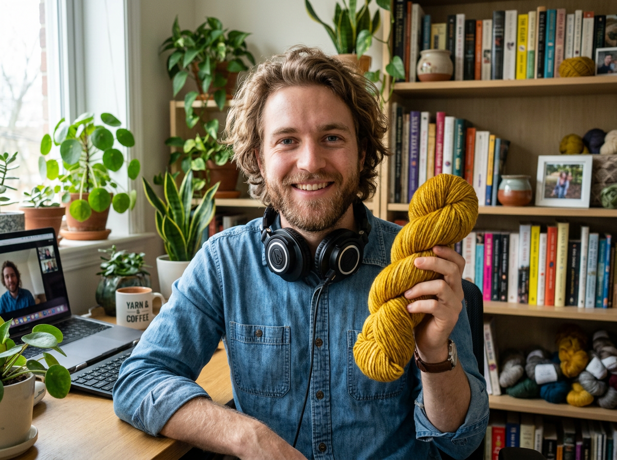 Sample creator holding a mustard skein of yarn