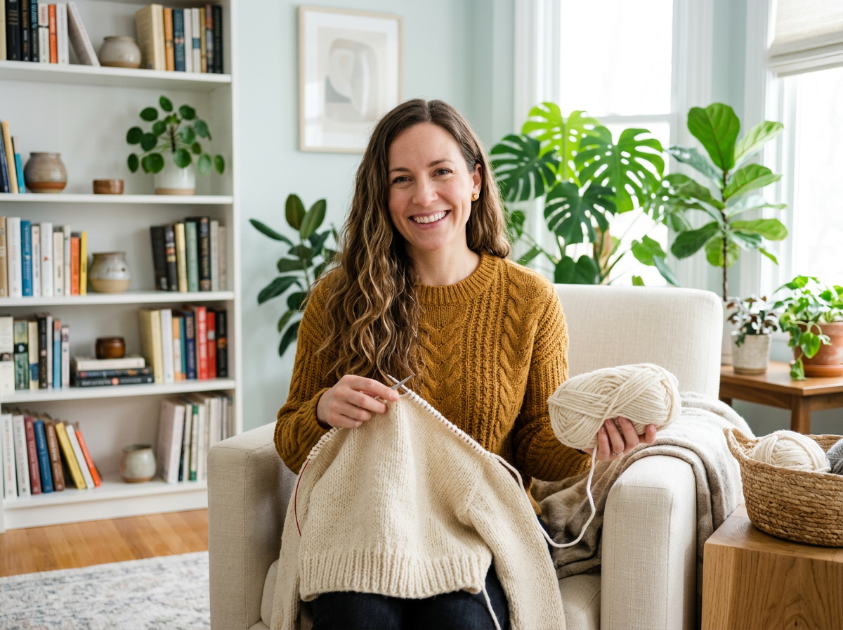 Sample creator knitting a cream sweater