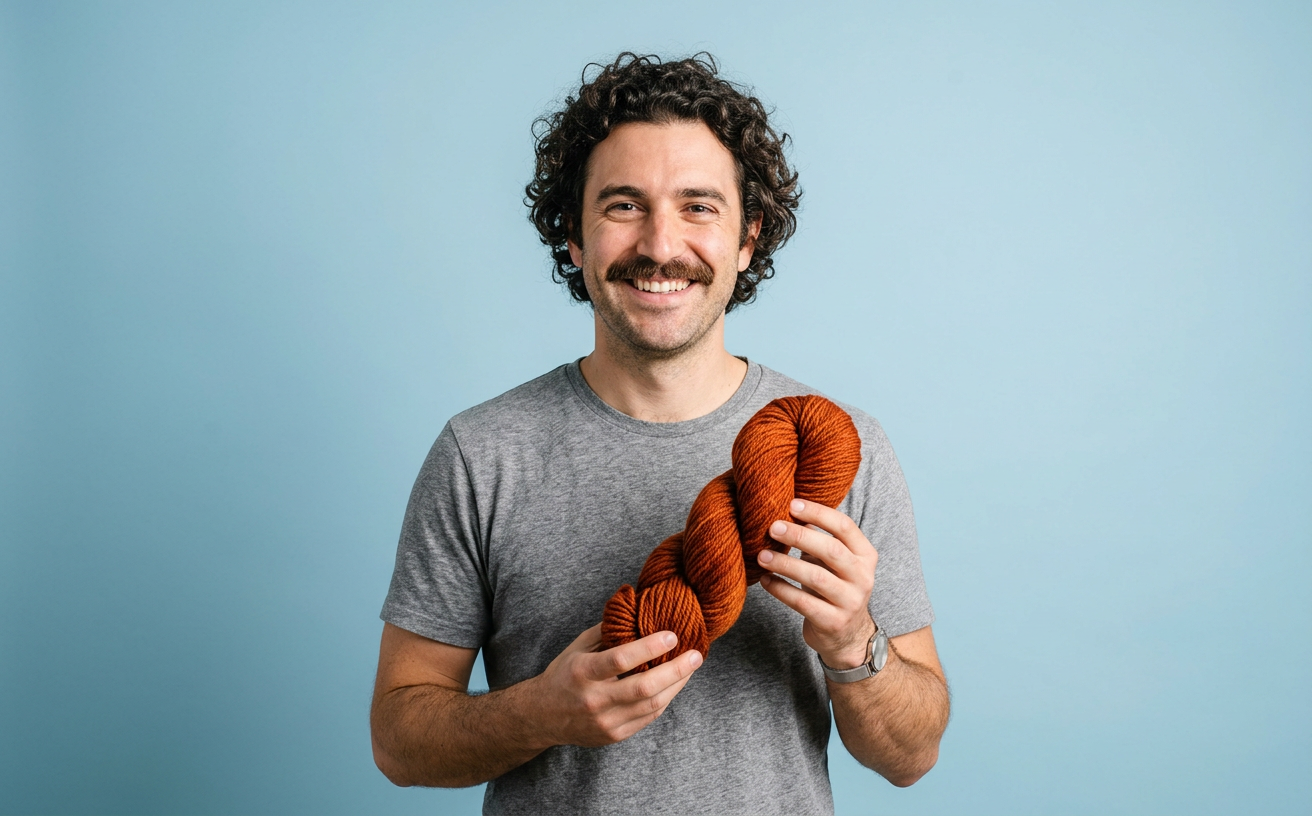Sample creator holding a rust-orange skein of yarn