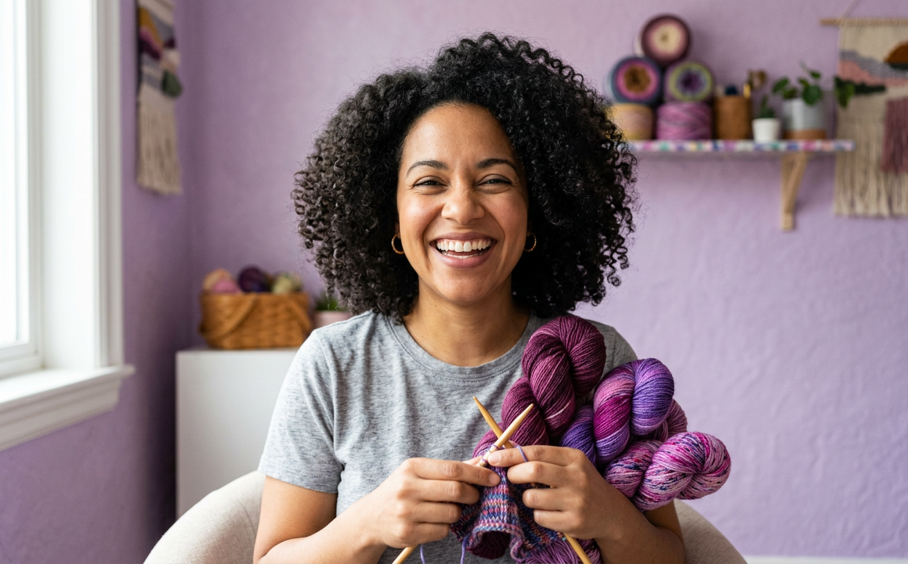 Sample creator laughing with purple skeins and knitting needles