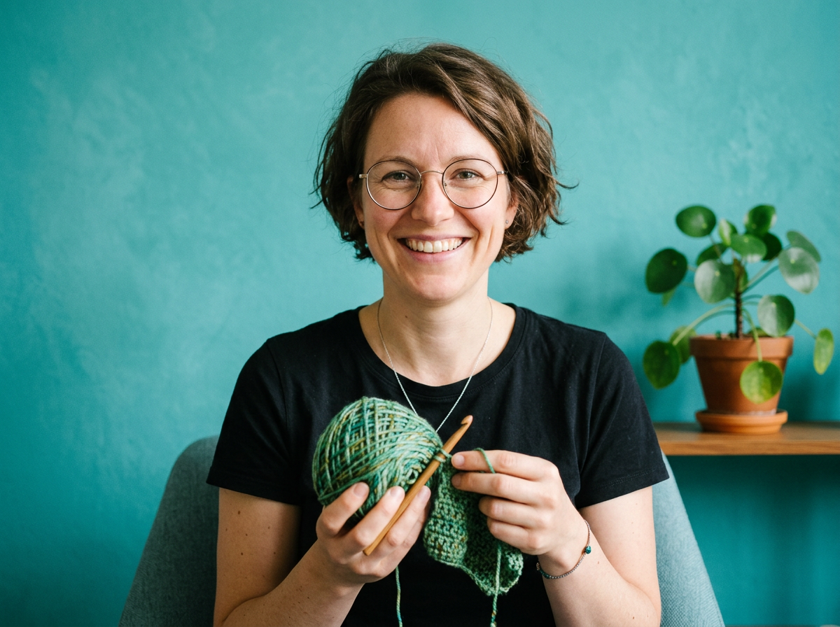 Sample creator holding a ball of green yarn and a crochet hook